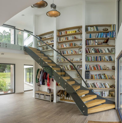 Os trilhos de vidro moderados interiores personalizaram a cor com o passo de madeira as escadas curvadas